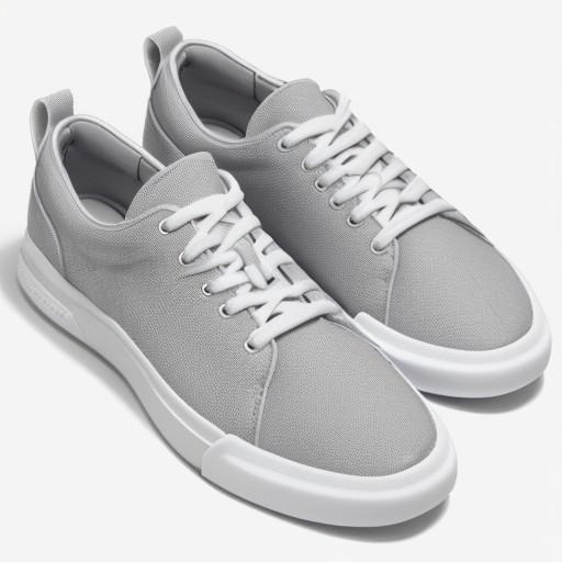 a pair of grey sneakers with white soles \(masterpiece, correct orientation)\(white-background:1.5)  <lora:fashion_ai_lora...